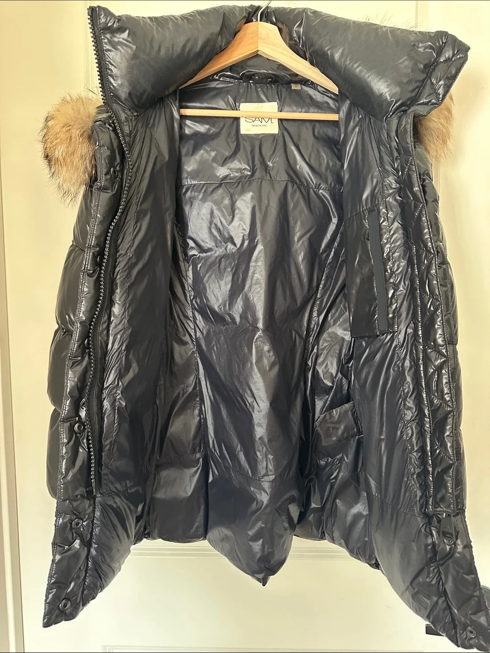 SAM New York Fox Fur-Trim Belted Down Puffer Jacket (Mid-length)